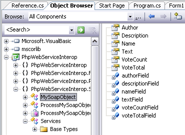 The object browser showing the structure of the MySoapObject